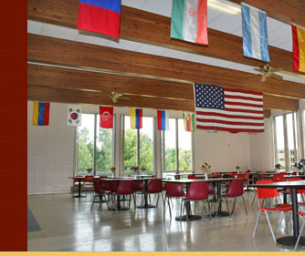 Dining hall with international flags on the ceiling